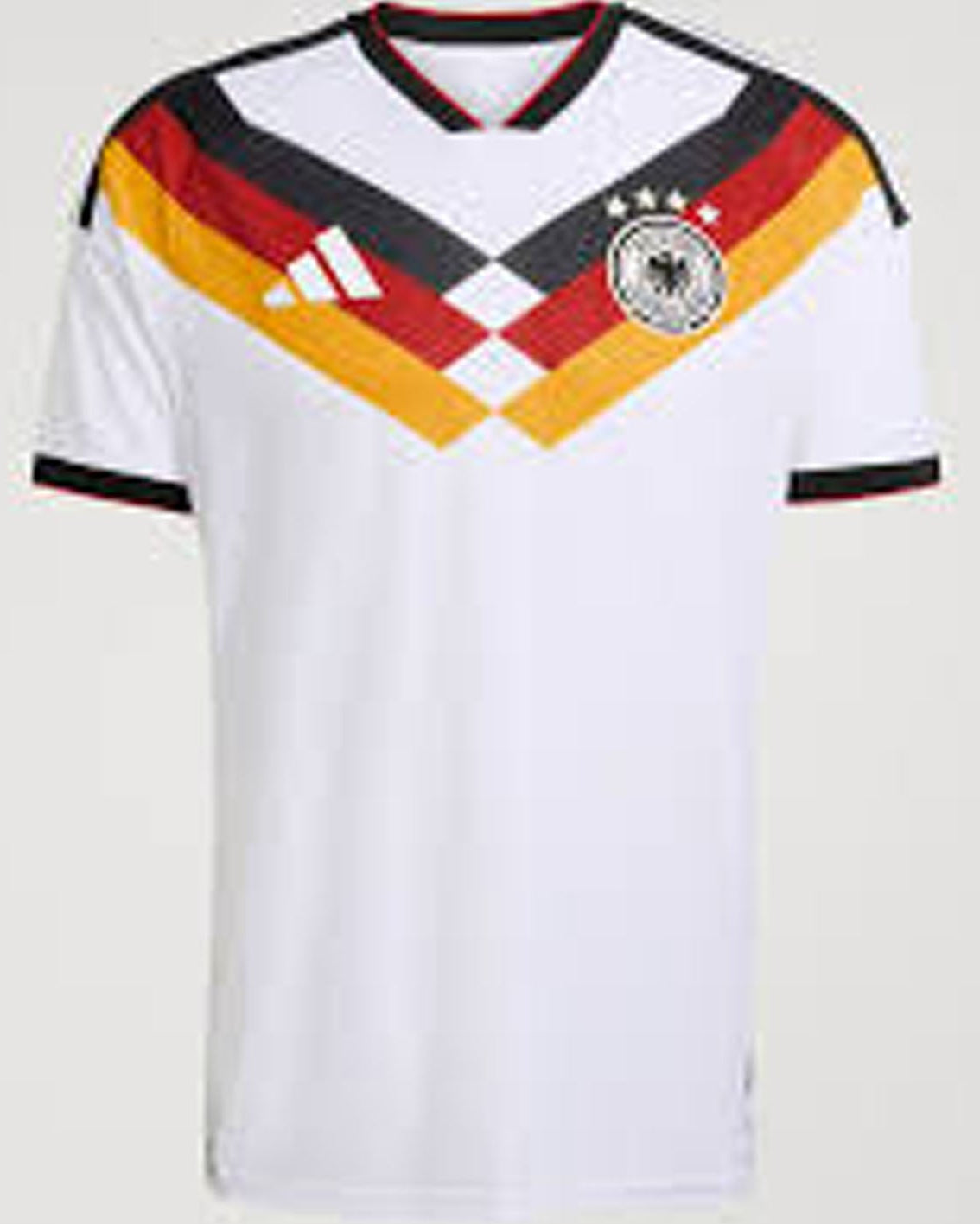 White sports jersey with red, yellow, and black stripes on a light gray background
