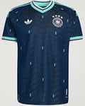 Navy blue sports jersey with green accents on a light gray background