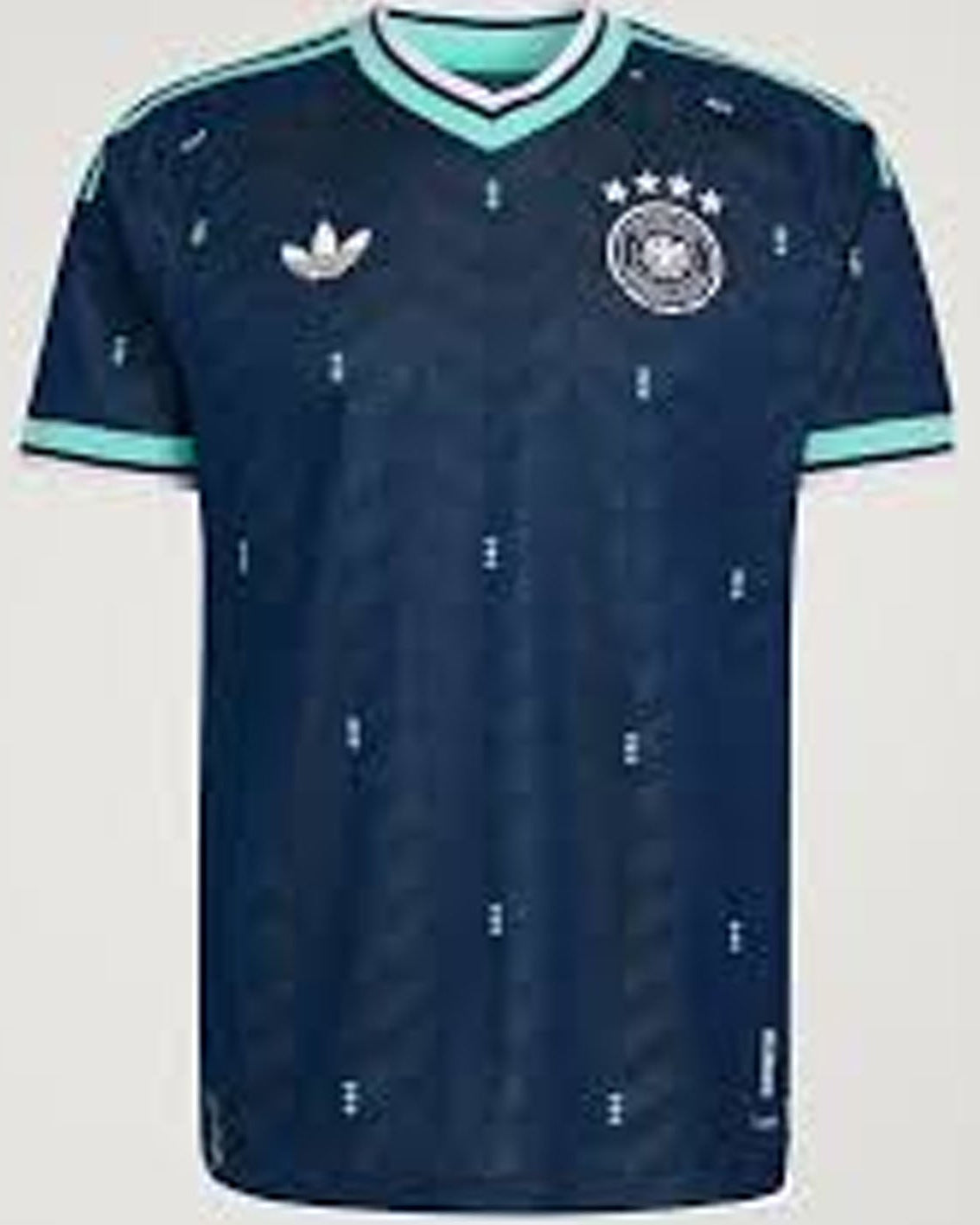 Navy blue sports jersey with green accents on a light gray background