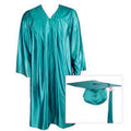 Teal graduation gown and cap on a white background