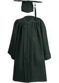 Green graduation gown and cap on a white background