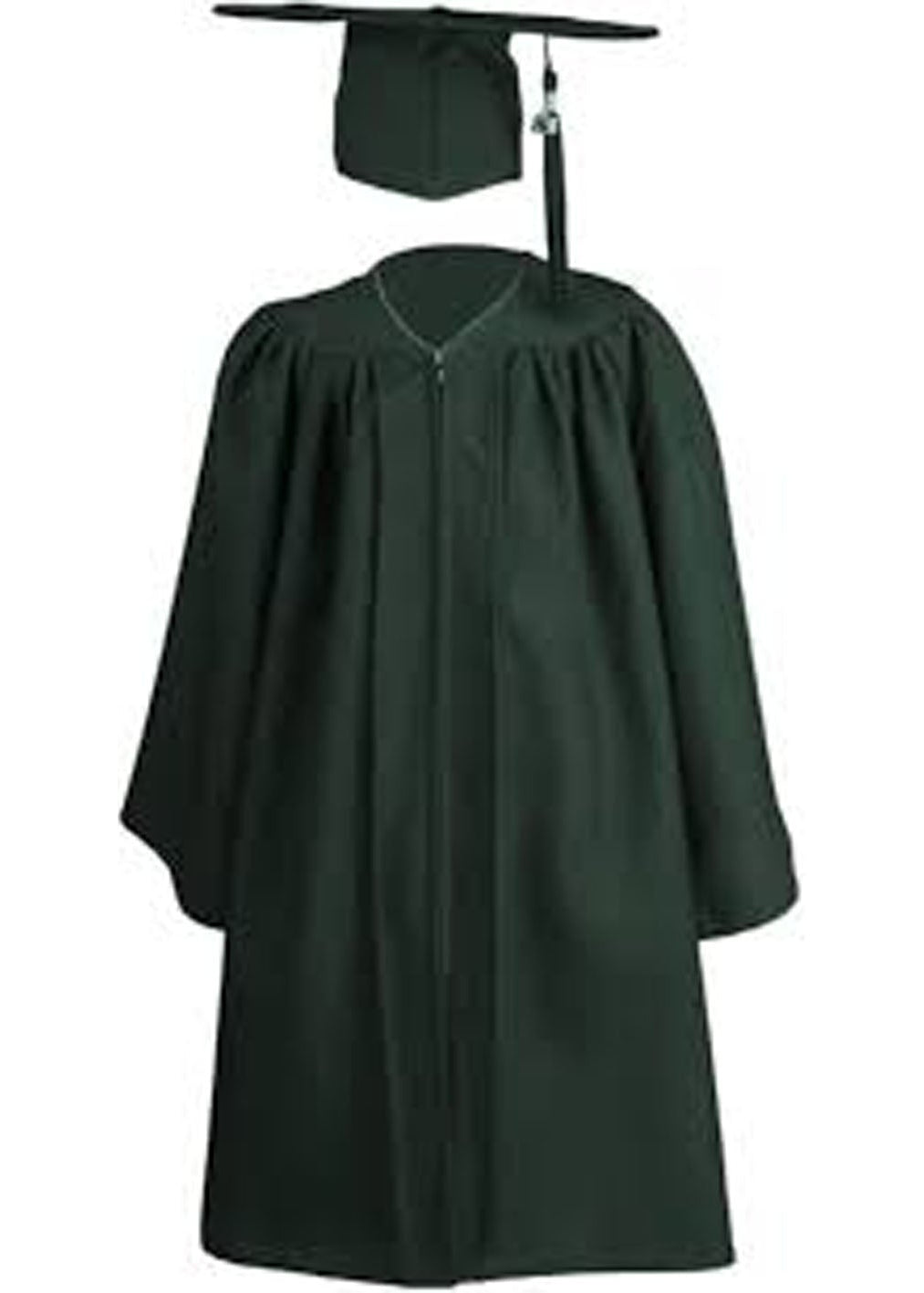 Green graduation gown and cap on a white background
