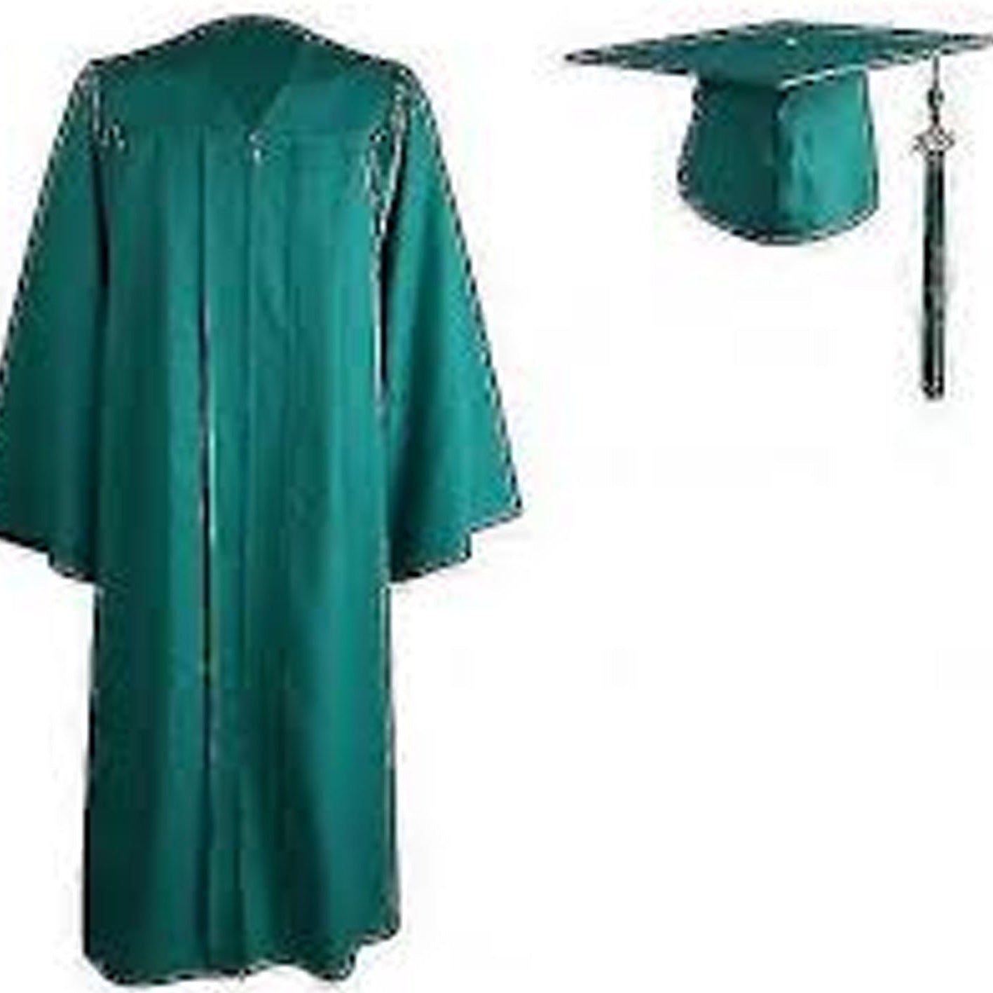 Green graduation gown and cap on a white background