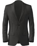 A dark charcoal gray single-breasted blazer with notched lapels, shown on a plain white background.