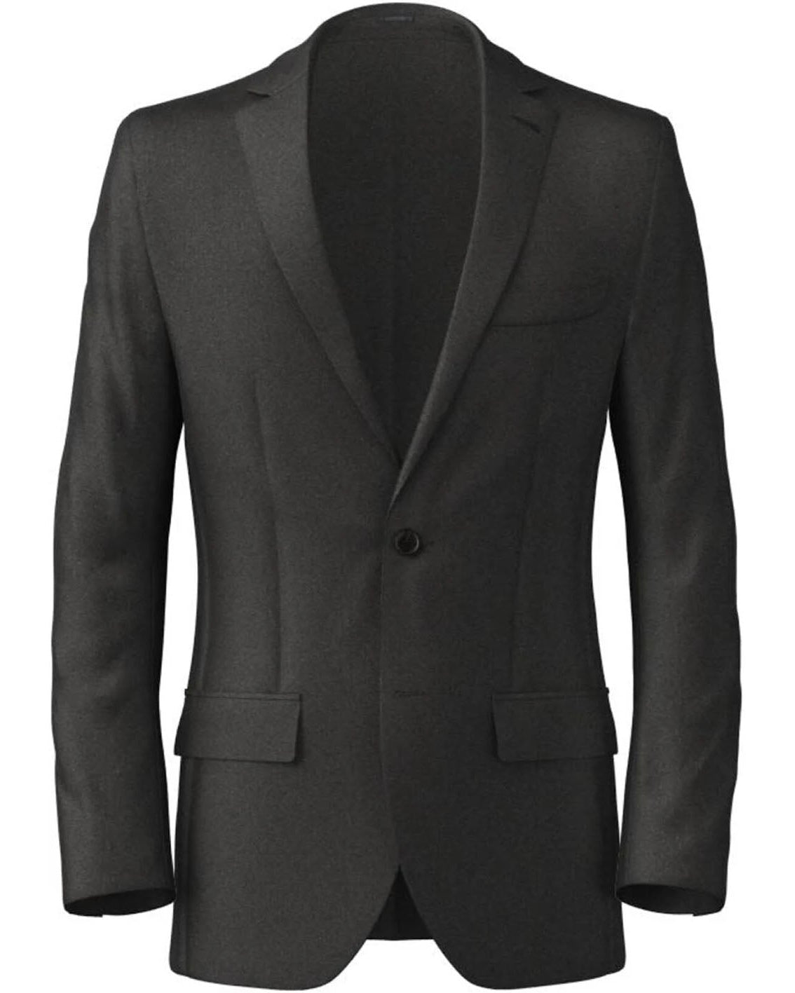 A dark charcoal gray single-breasted blazer with notched lapels, shown on a plain white background.