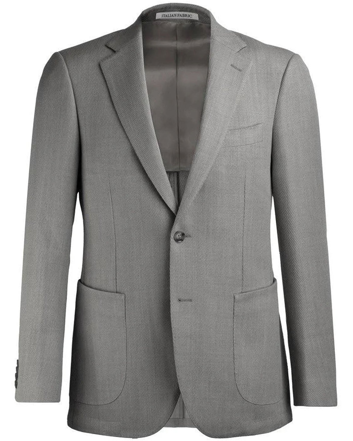 A light gray single-breasted blazer with notch lapels, a two-button front closure, and front patch pockets, shown on a plain white background.