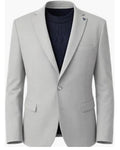A light gray single-breasted blazer jacket styled over a dark navy cable-knit sweater, shown against a plain white background.