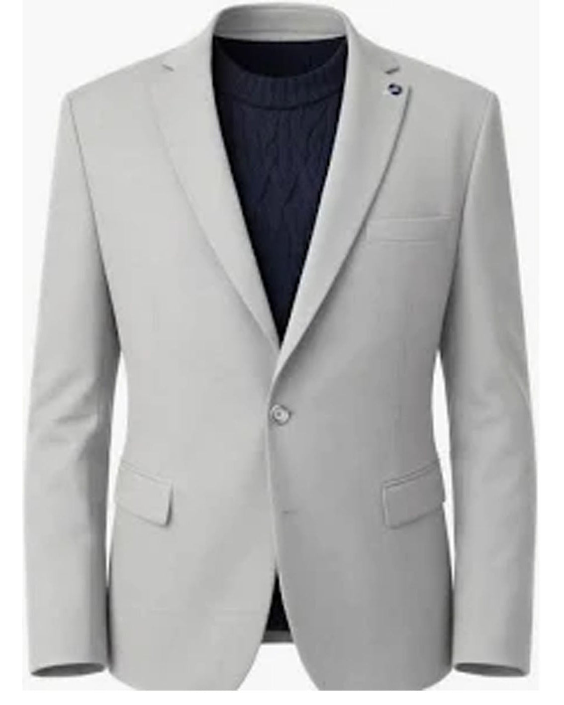 A light gray single-breasted blazer jacket styled over a dark navy cable-knit sweater, shown against a plain white background.