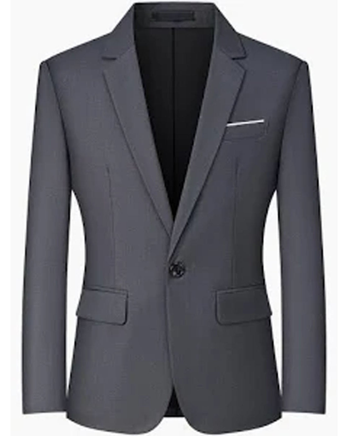 A slim-fit gray blazer with notch lapels, a single button closure, flap pockets, and a white pocket square, shown against a plain white background.