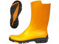 Yellow rubber boot with black sole on a white background