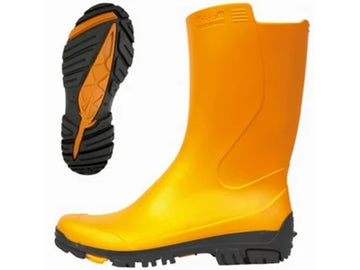 Yellow rubber boot with black sole on a white background