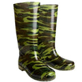 Camouflage-patterned rain boots on a white background