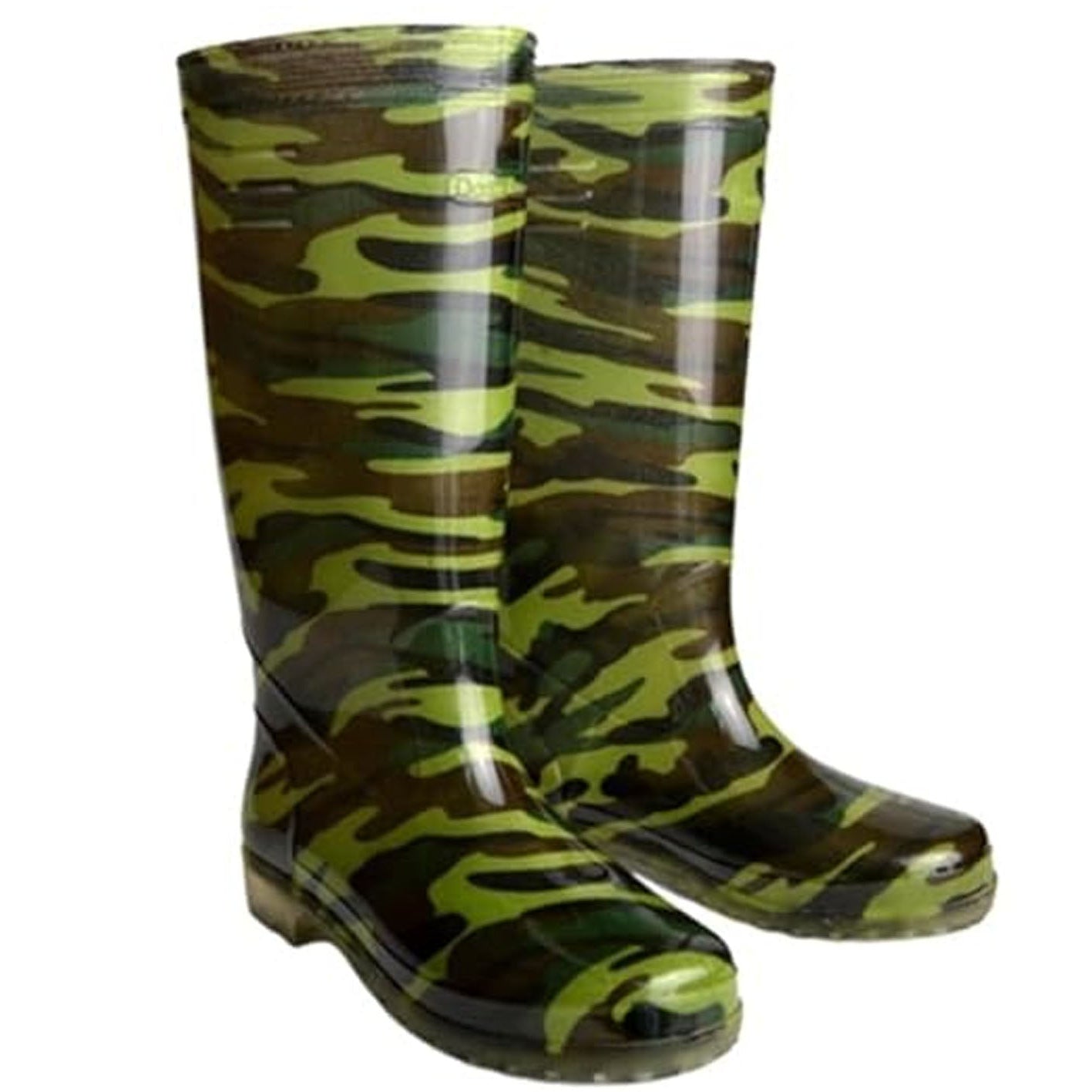 Camouflage-patterned rain boots on a white background