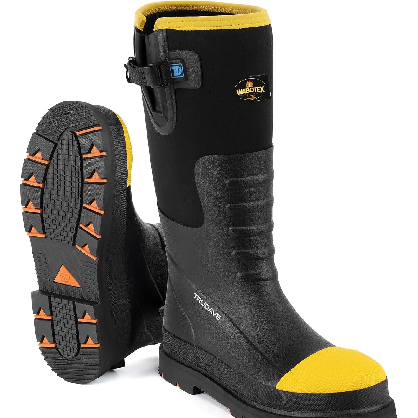 Black rubber boots with yellow accents and tread pattern on a white background