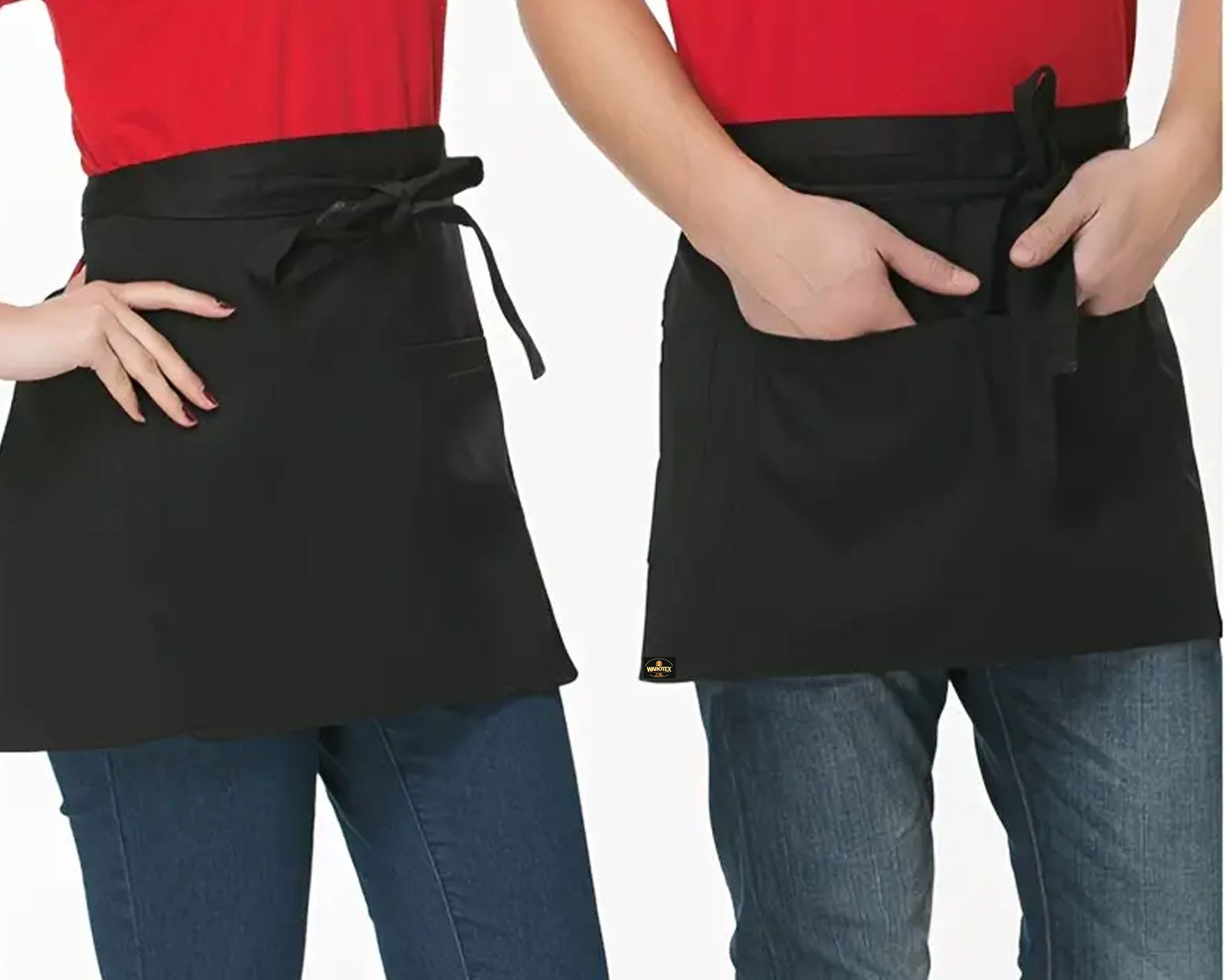 Two people wearing black aprons over red shirts on a white background