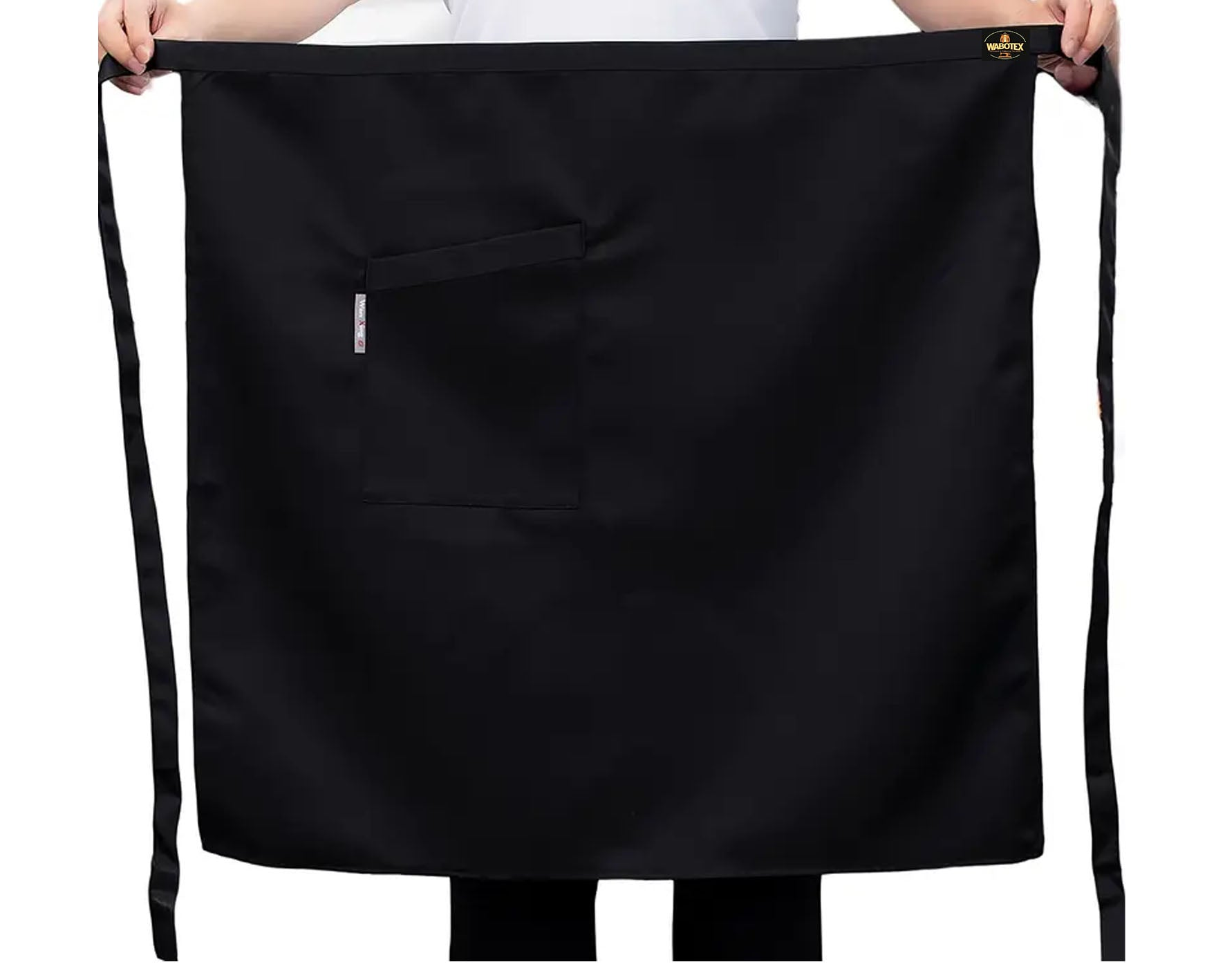 Black drawstring bag held by hands on a white background