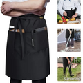 Black apron worn by a person with additional images showing its use in cooking, housework, and gardening.