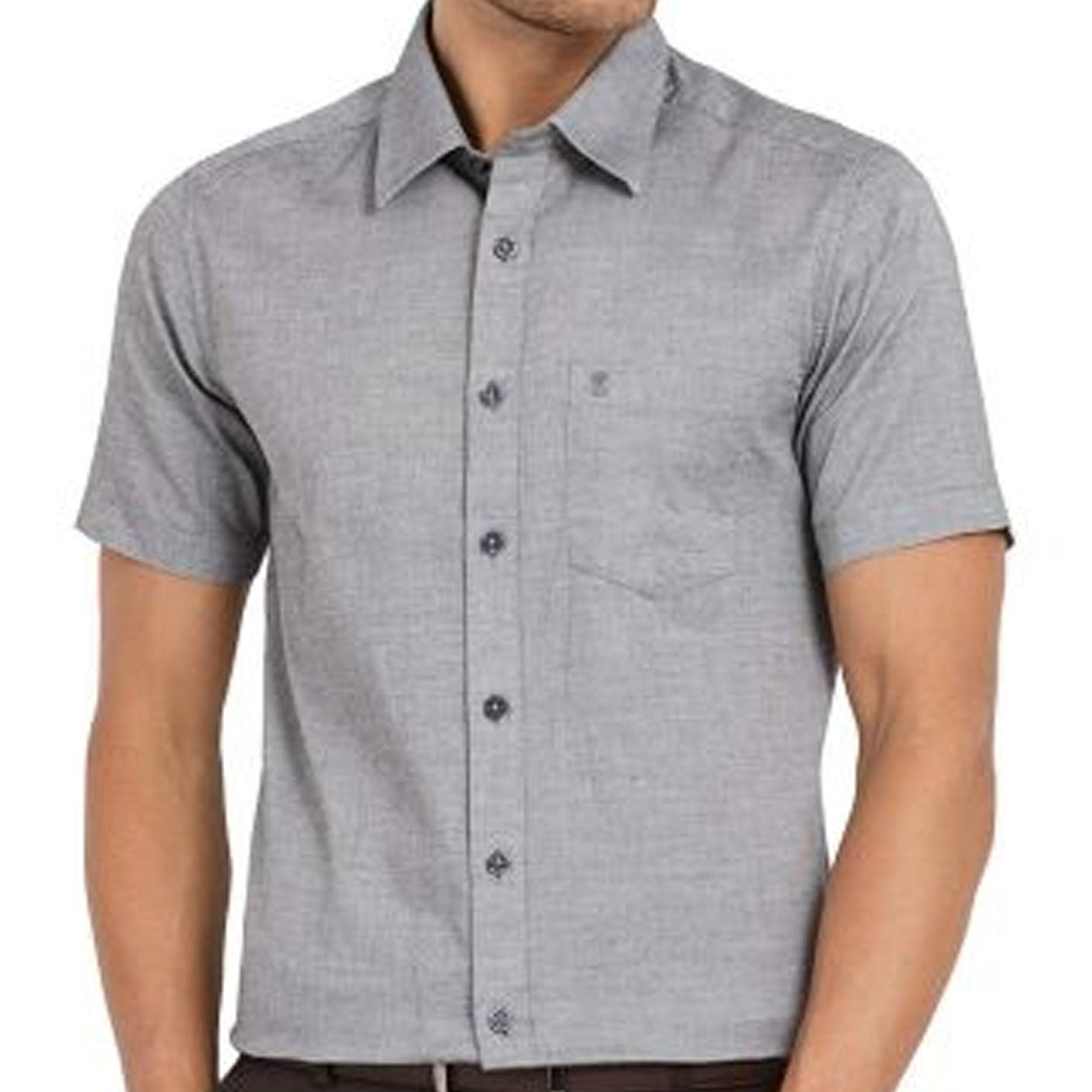 Gray short-sleeve button-up shirt worn by a person on a white background