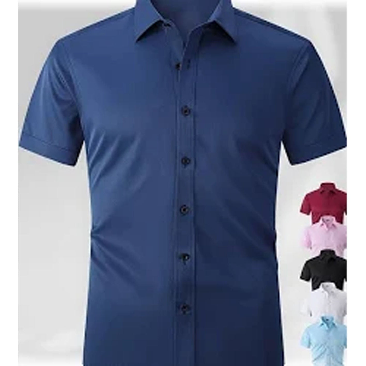Blue short-sleeve dress shirt on a white background with smaller shirts in the corner.