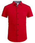 Red short-sleeve button-up shirt on a white background