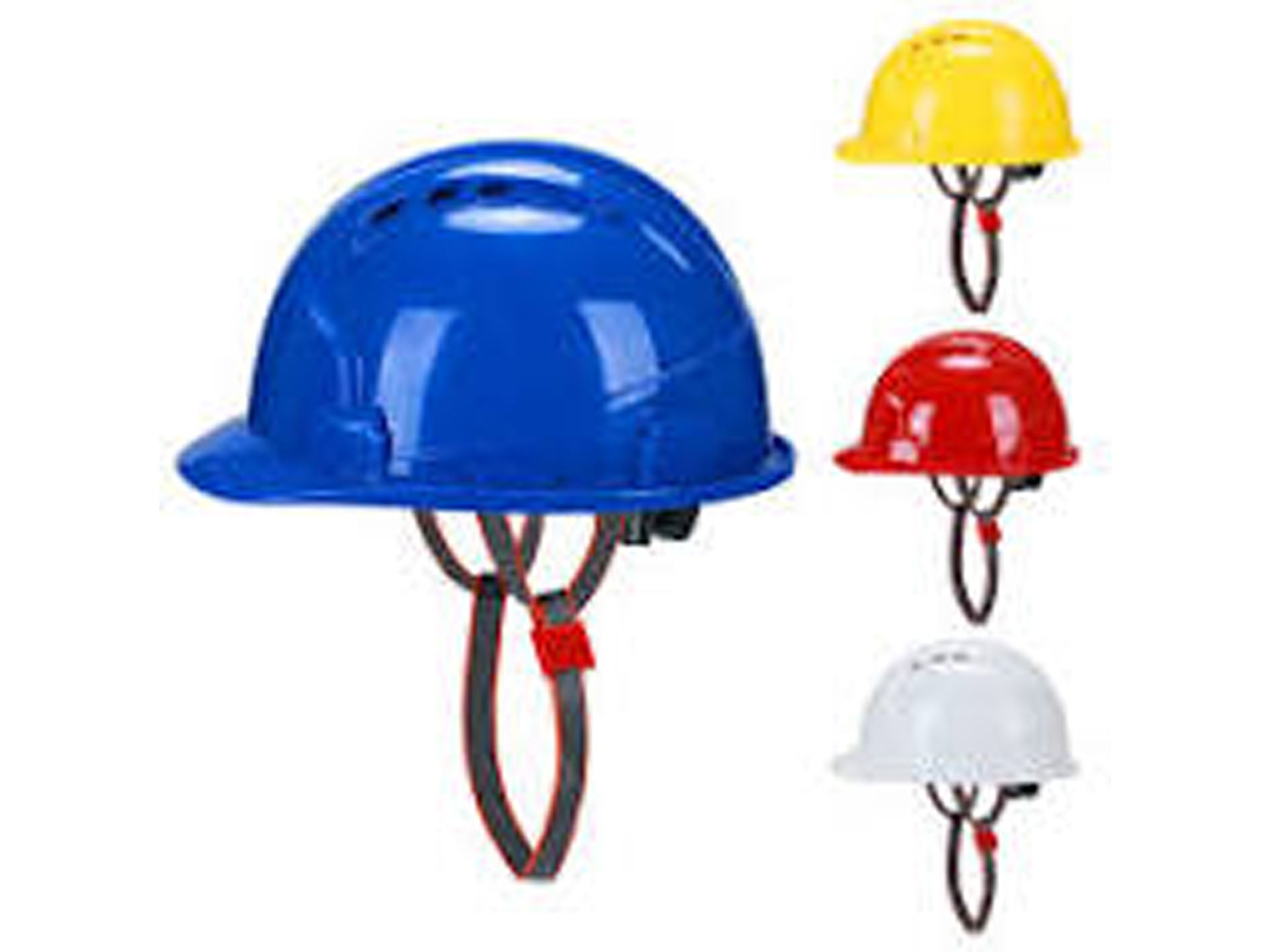 Set of colorful hard hats with straps on a white background