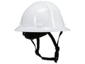White hard hat with black chin strap on a white background