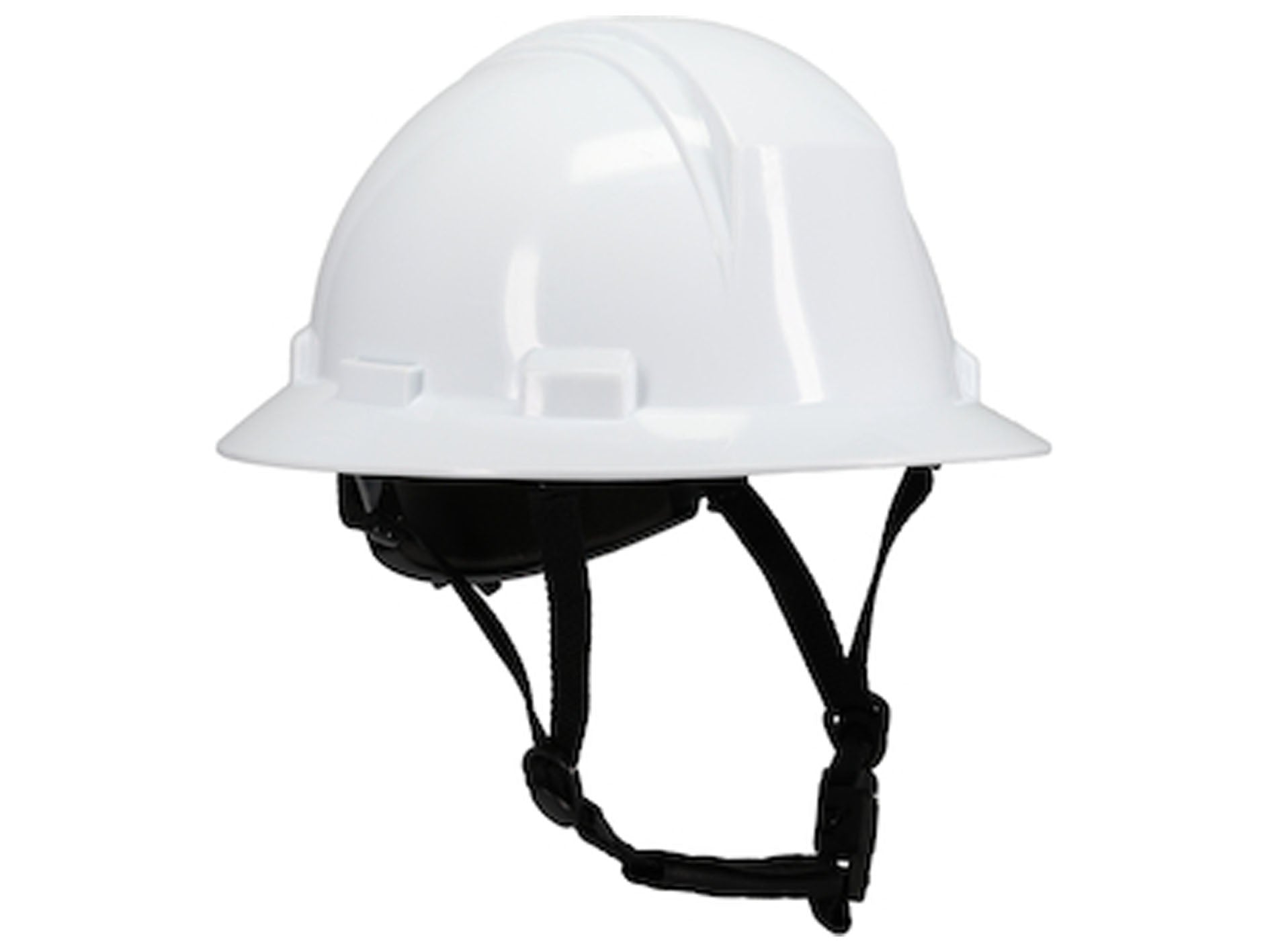 White hard hat with black chin strap on a white background