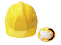 Yellow hard hat with a small inset showing a close-up of its design on a white background