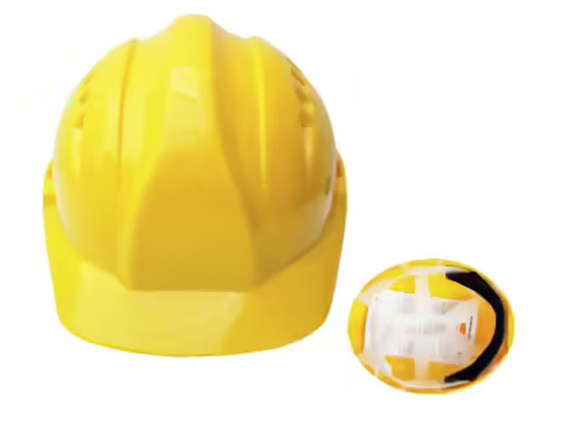 Yellow hard hat with a small inset showing a close-up of its design on a white background