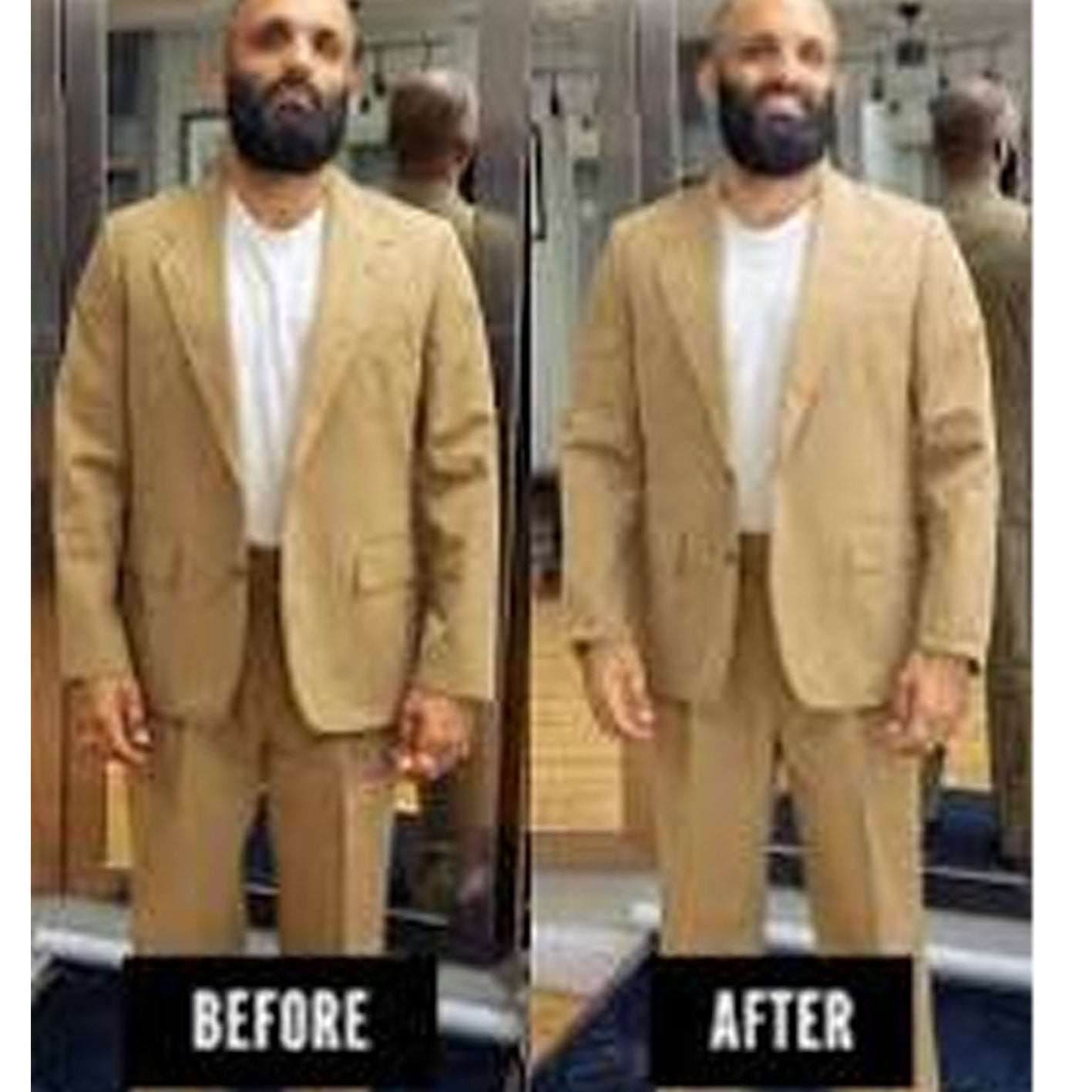 Man with beige suit set altered before and after 