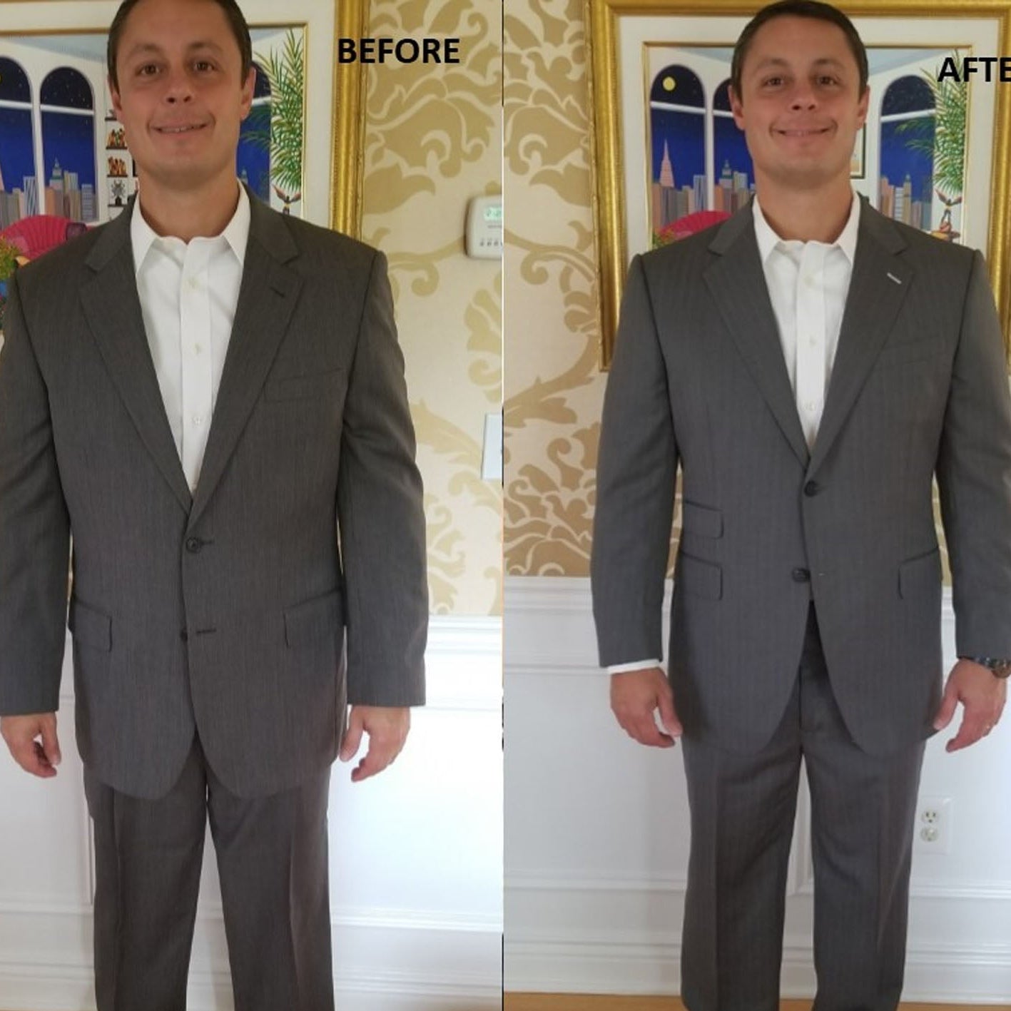 Man ith altered suit set before and after alteration