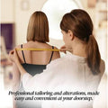 A woman in a white blouse measures the back of another woman wearing a black camisole with a yellow measuring tape. Text at the bottom reads, 'Professional tailoring and alterations, made easy and convenient at your doorstep.