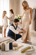 A woman in a beige evening gown stands while a tailor kneels to measure the hem, with other tailors and sewing supplies in a bright boutique setting.