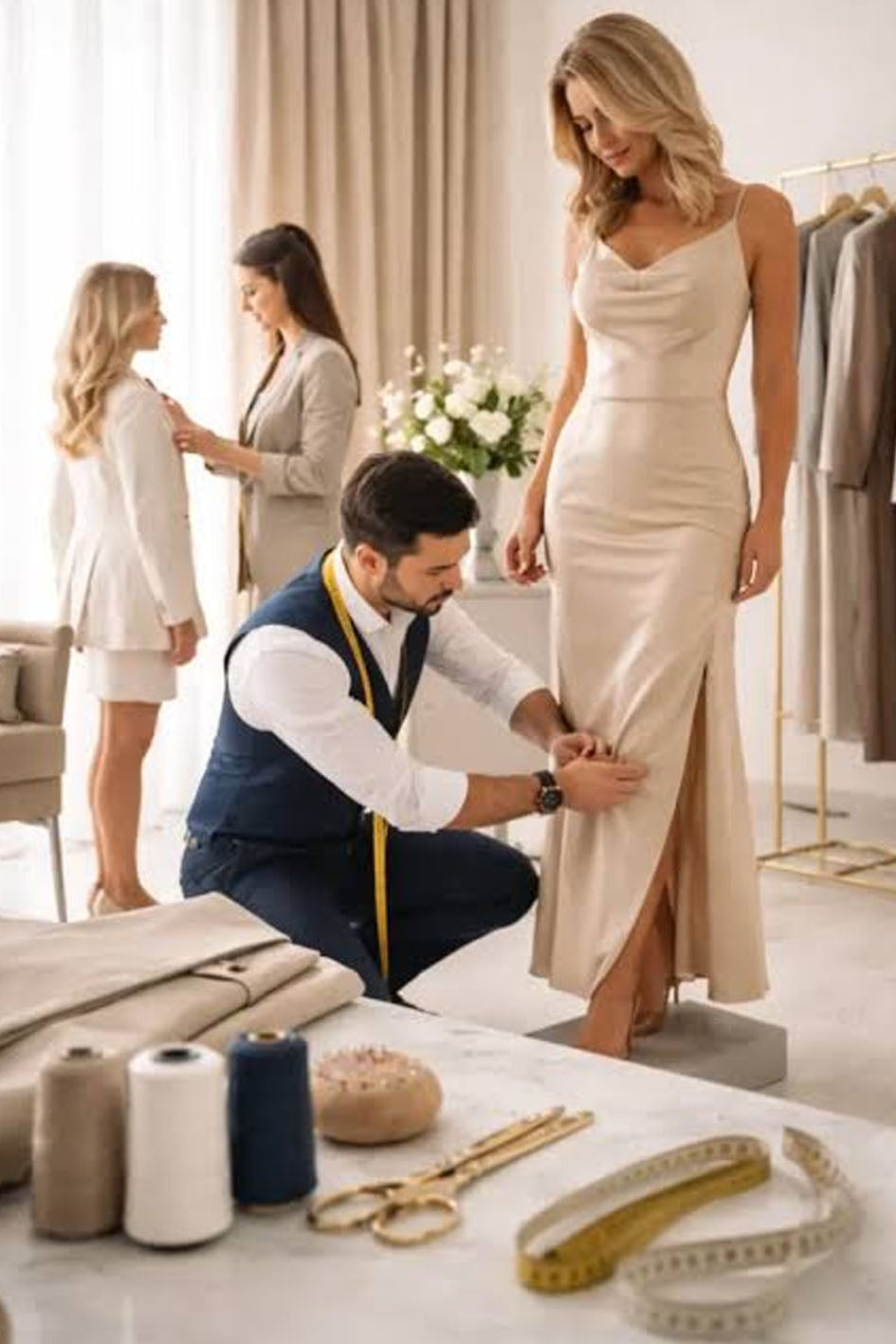 A woman in a beige evening gown stands while a tailor kneels to measure the hem, with other tailors and sewing supplies in a bright boutique setting.