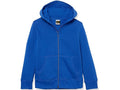 Blue hoodie with a brand logo on a white background