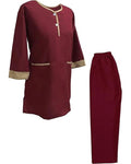 Maroon outfit with gold trim on a white background