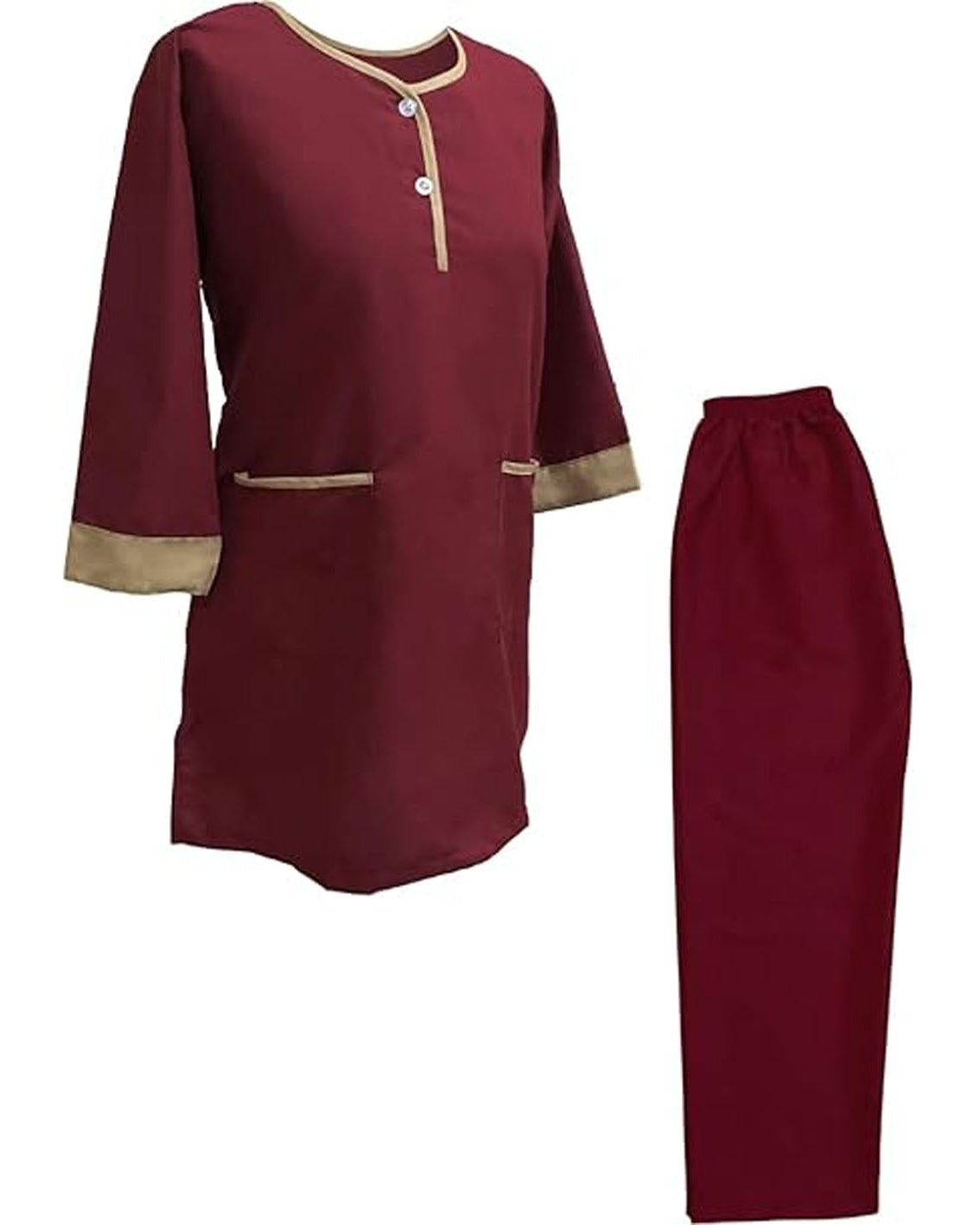Maroon outfit with gold trim on a white background