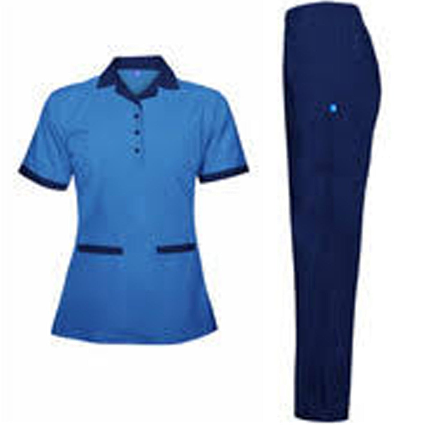 Blue polo shirt and pants set on a white background