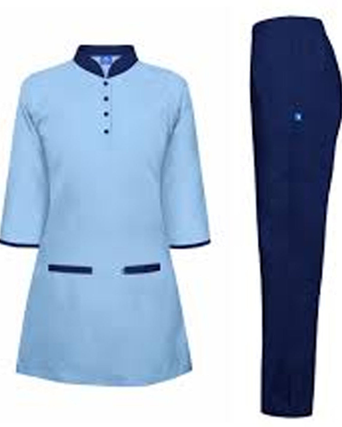Light blue shirt and dark blue pants on a white background
