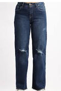 Blue jeans with a slight distressed look on a white background