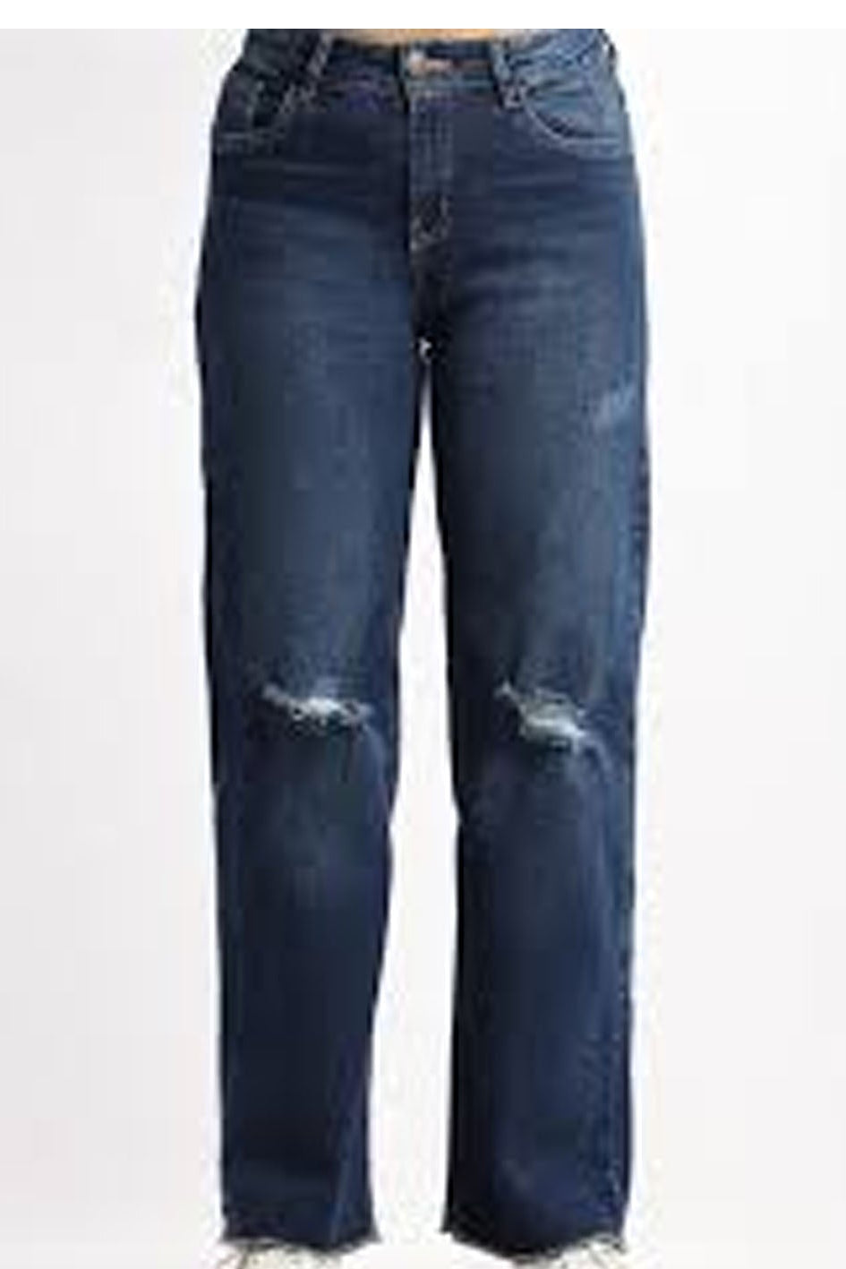 Blue jeans with a slight distressed look on a white background