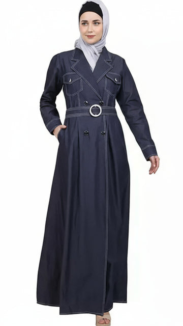 Navy blue dress with a belt and hijab on a white background