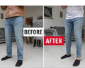 Before and after comparison of a person wearing jeans in a living room setting.