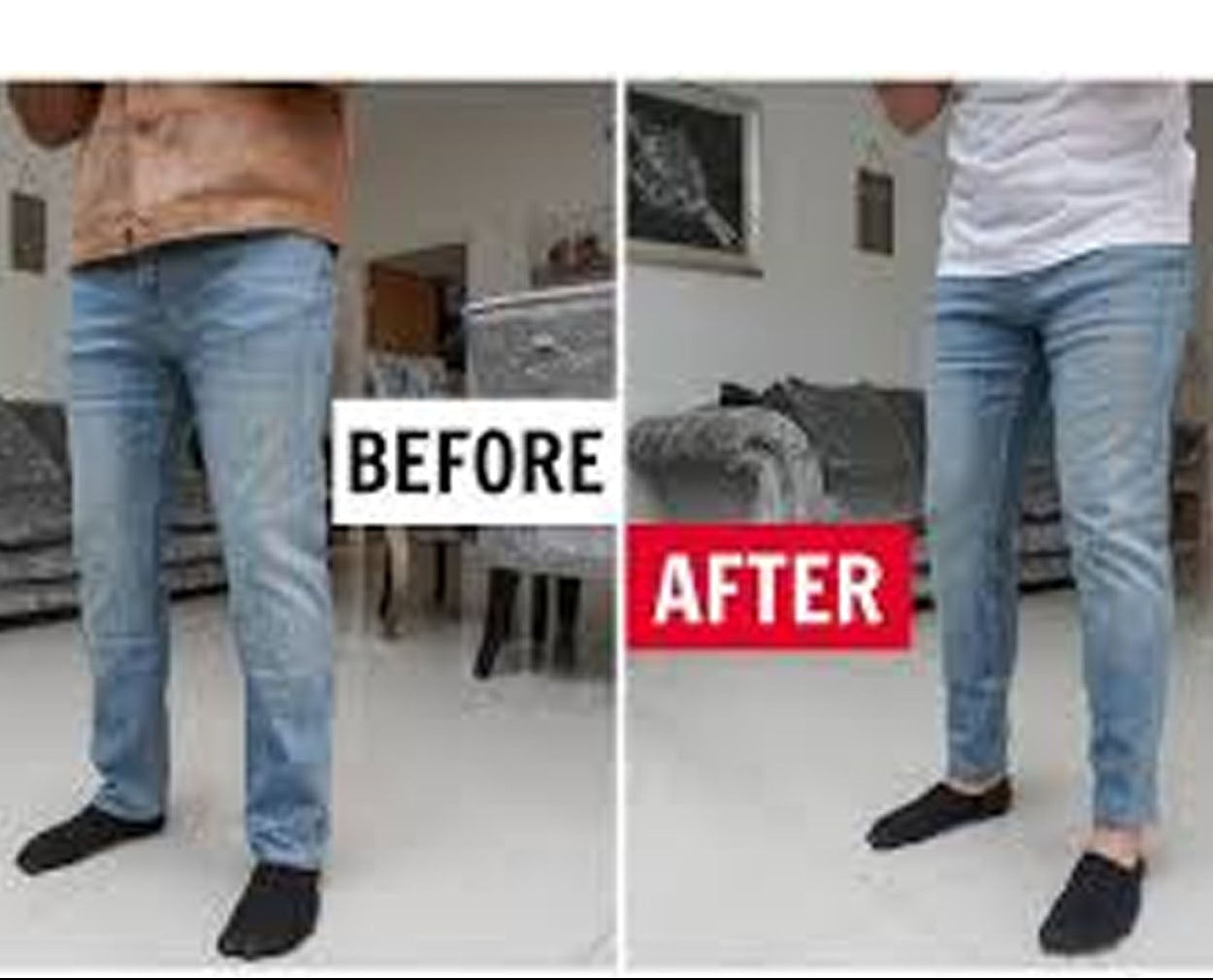 Before and after comparison of a person wearing jeans in a living room setting.