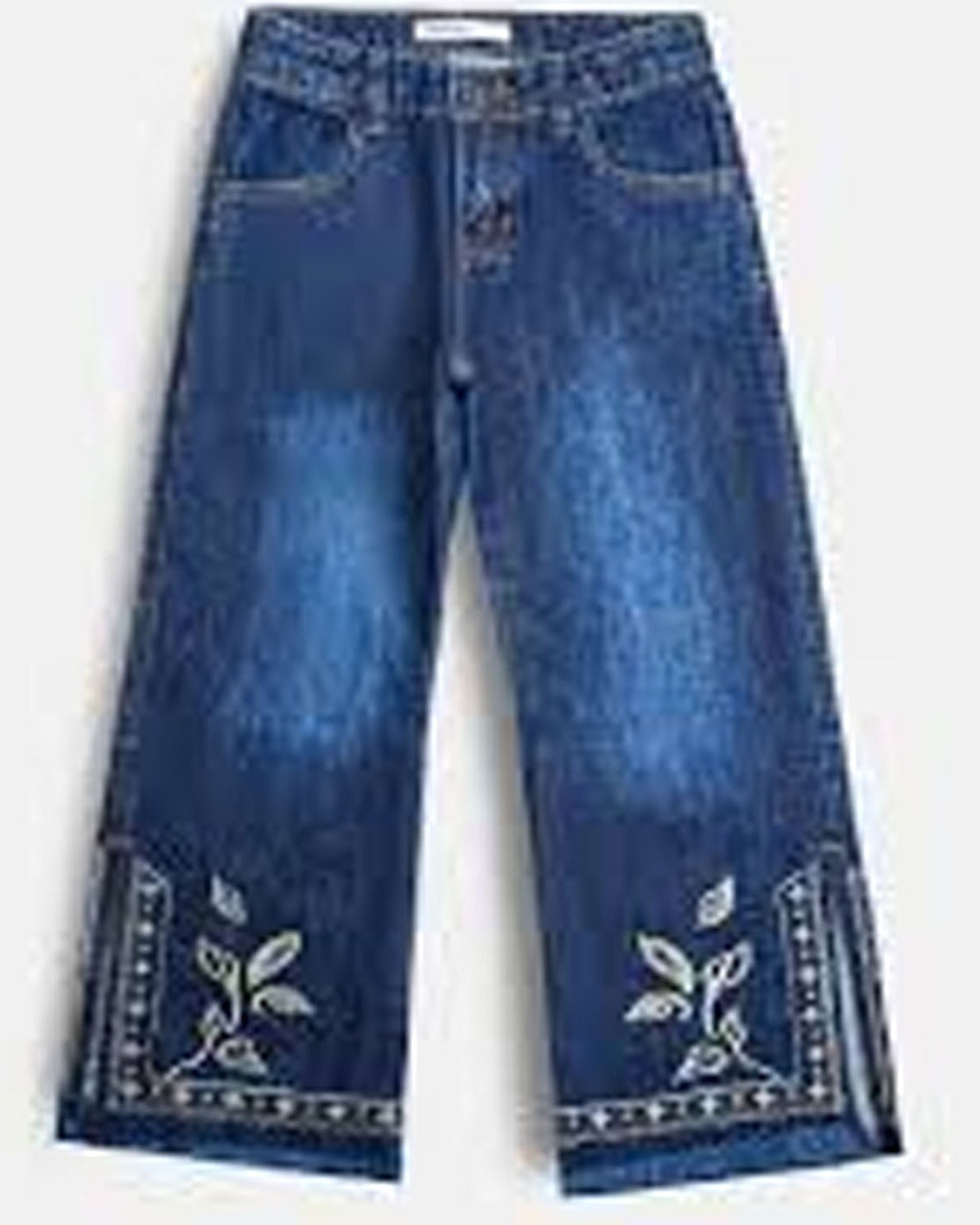 A pair of blue denim jeans with decorative white embroidered floral patterns and silver-toned studs along the lower hems, shown against a plain light background.