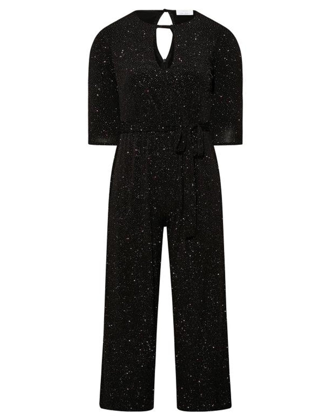 Black glittery jumpsuit on a white background