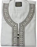 White garment with black embroidery on a white background