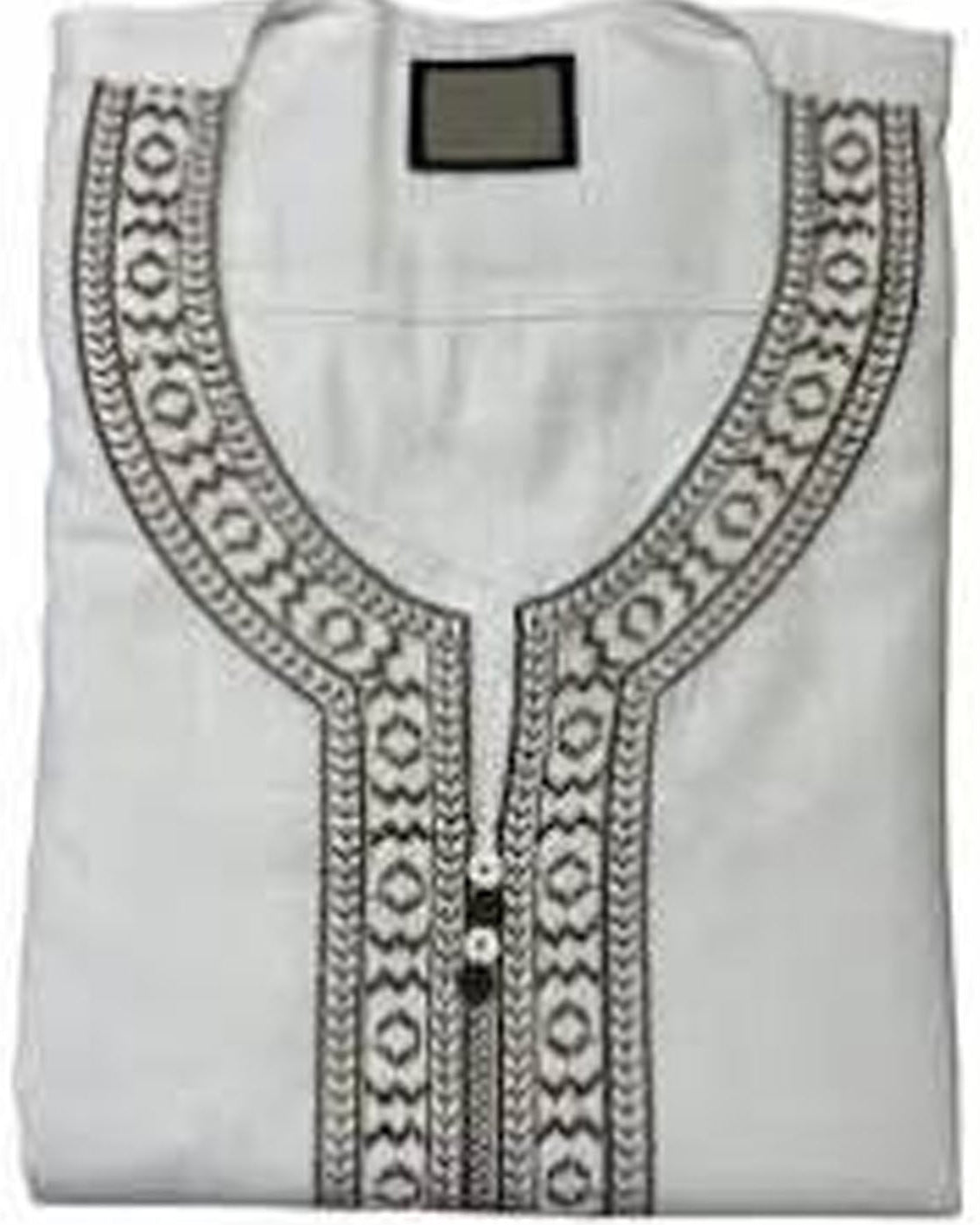 White garment with black embroidery on a white background