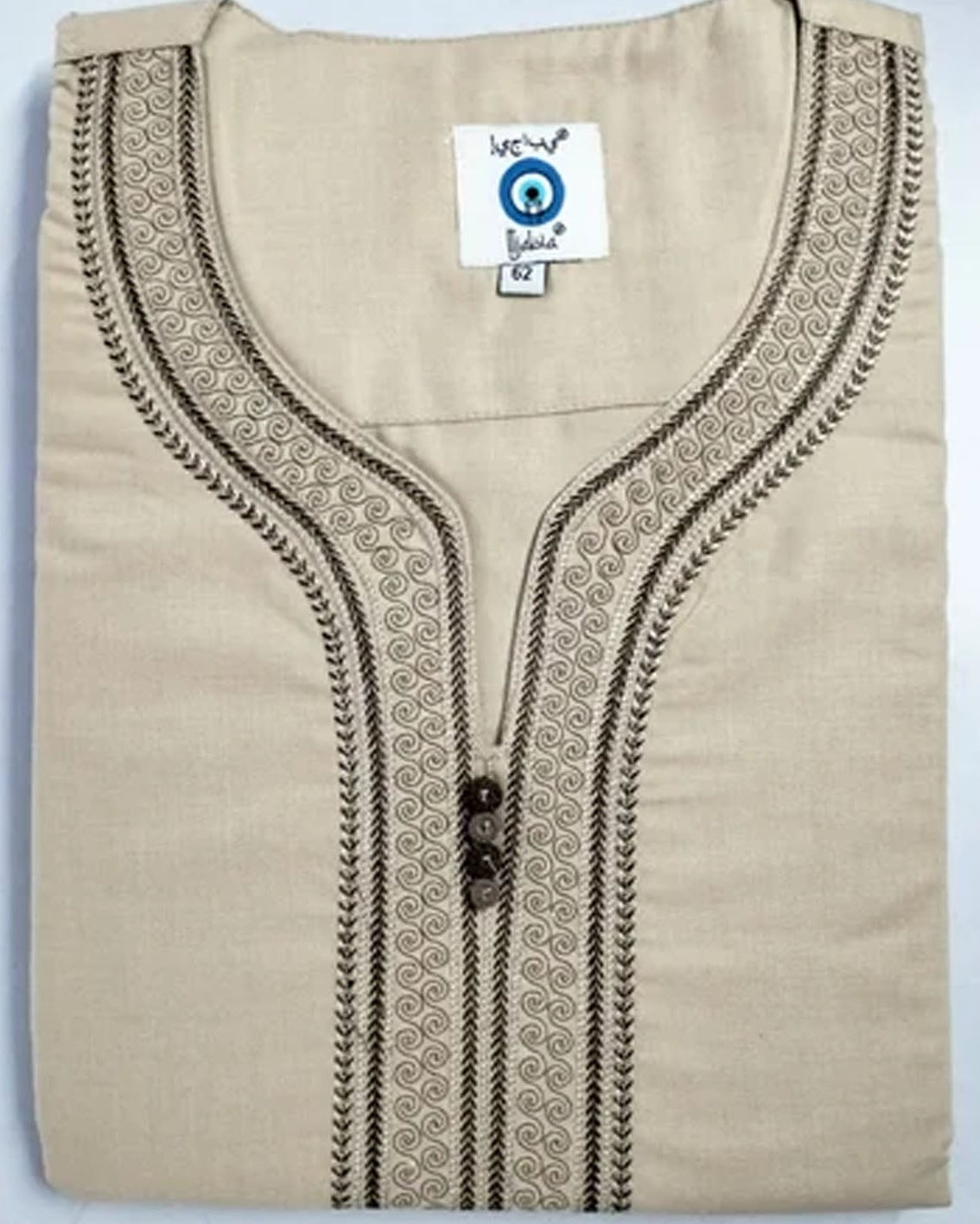 Beige embroidered shirt with a visible brand label on a white background