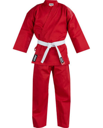 A red martial arts uniform set consisting of a long-sleeve jacket and matching pants, with a white belt tied at the waist, shown against a plain white background.